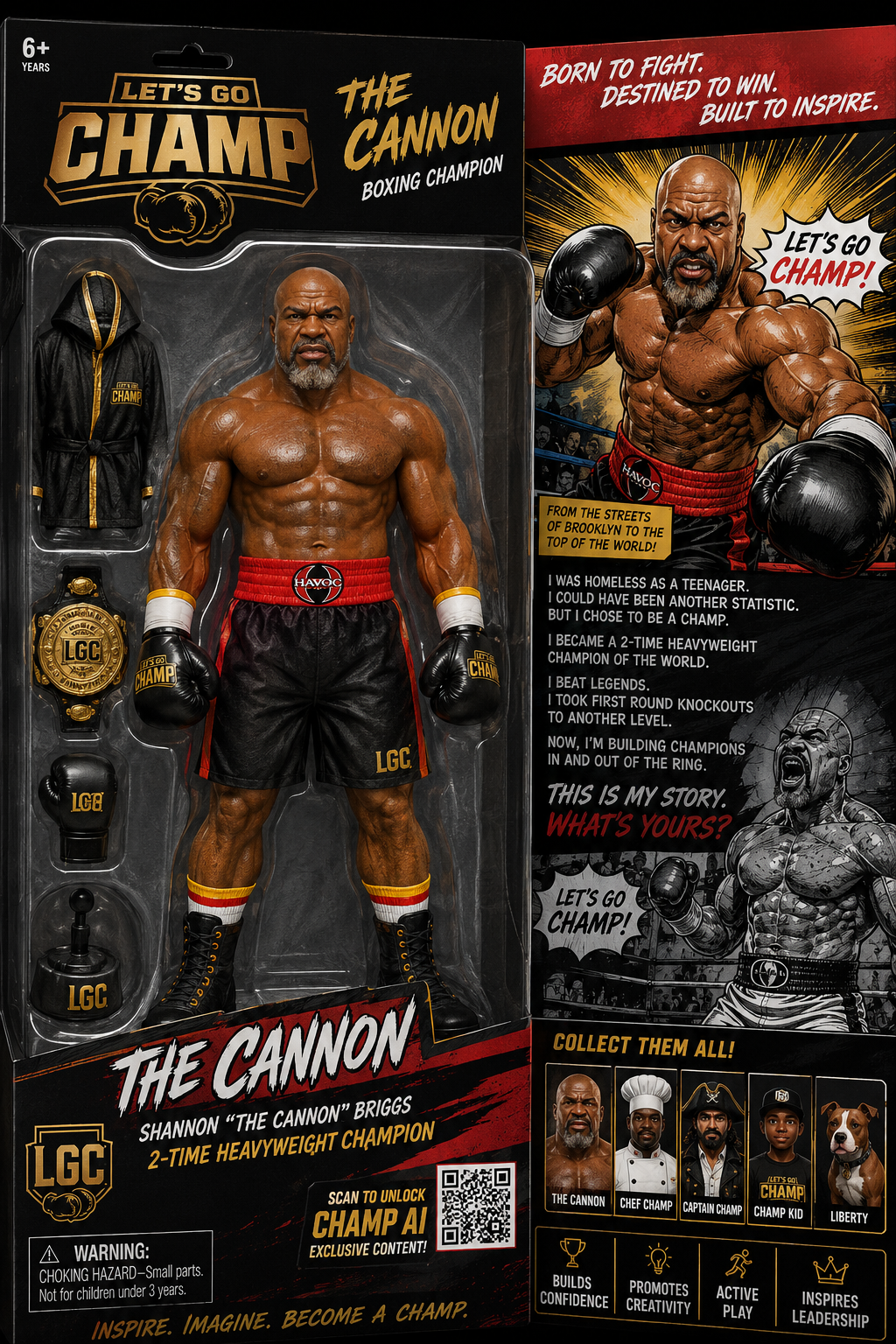 The Cannon Shannon Briggs collector action figure in retail packaging with robe, championship belt, boxing gloves, and Champ AI QR code